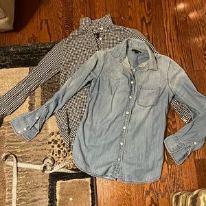 2 J. Crew button tops - chambray button up, black and white buff check pop over